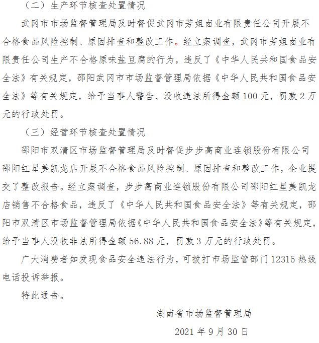 湖南省市场监督管理局关于2批次不合格食品核查处置情况的通告